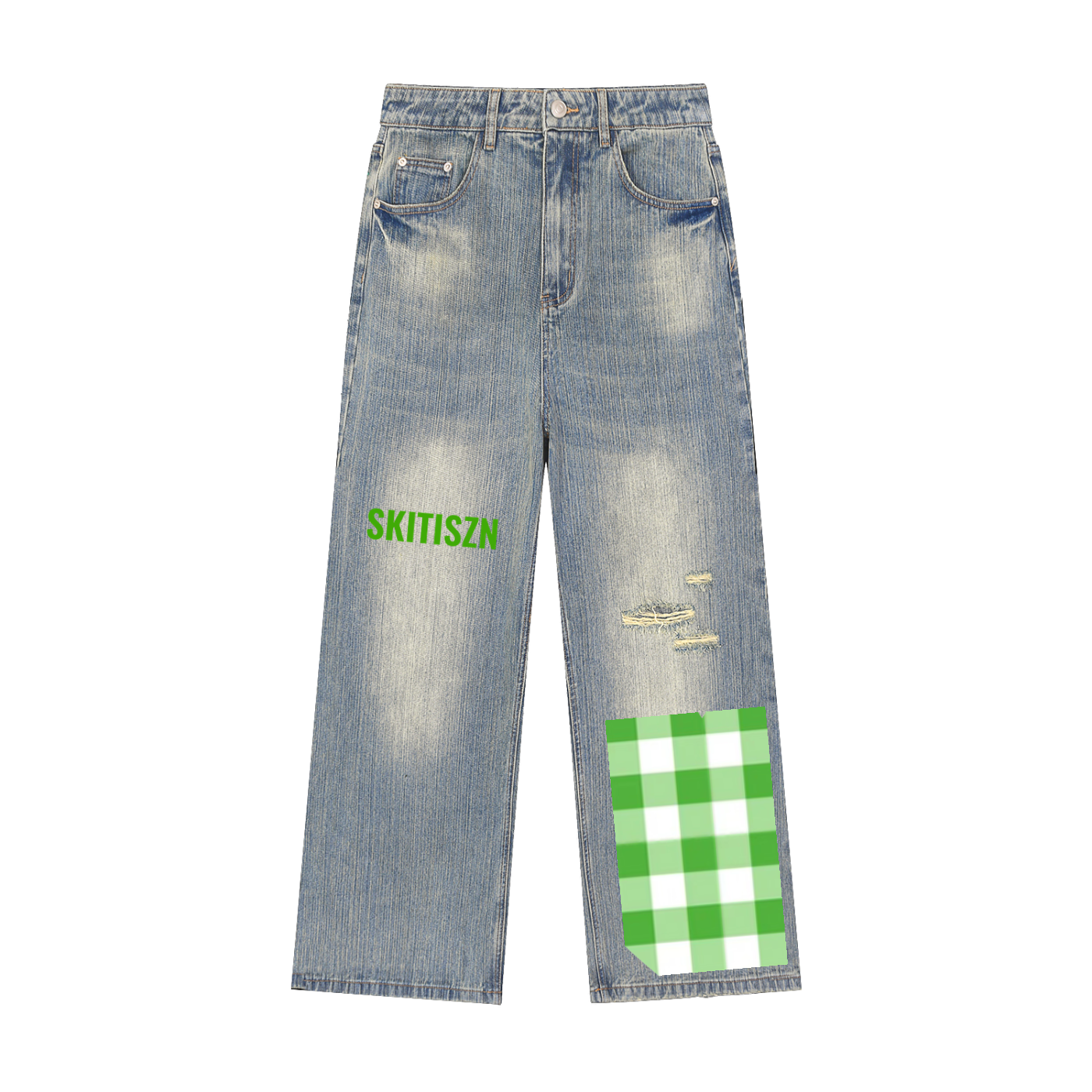 Skitiszn Green Vintage Wash Distressed Denim Jeans