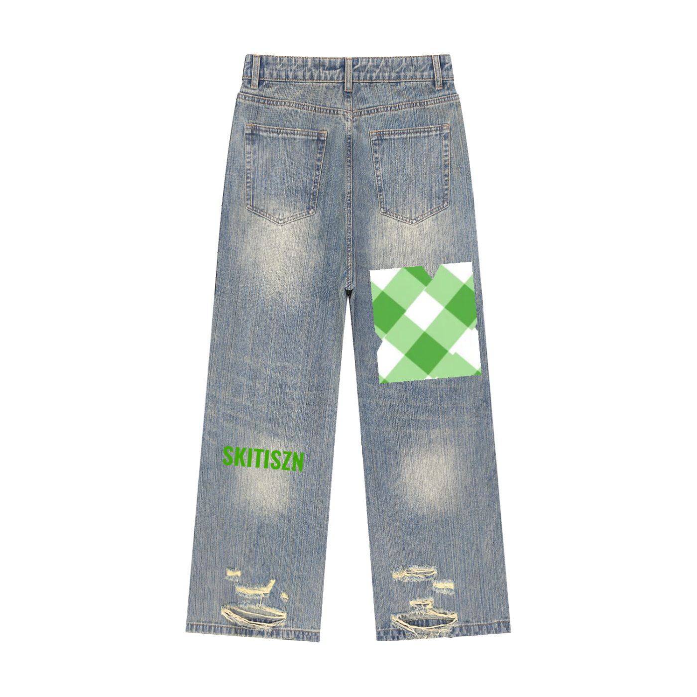 Skitiszn Green Vintage Wash Distressed Denim Jeans