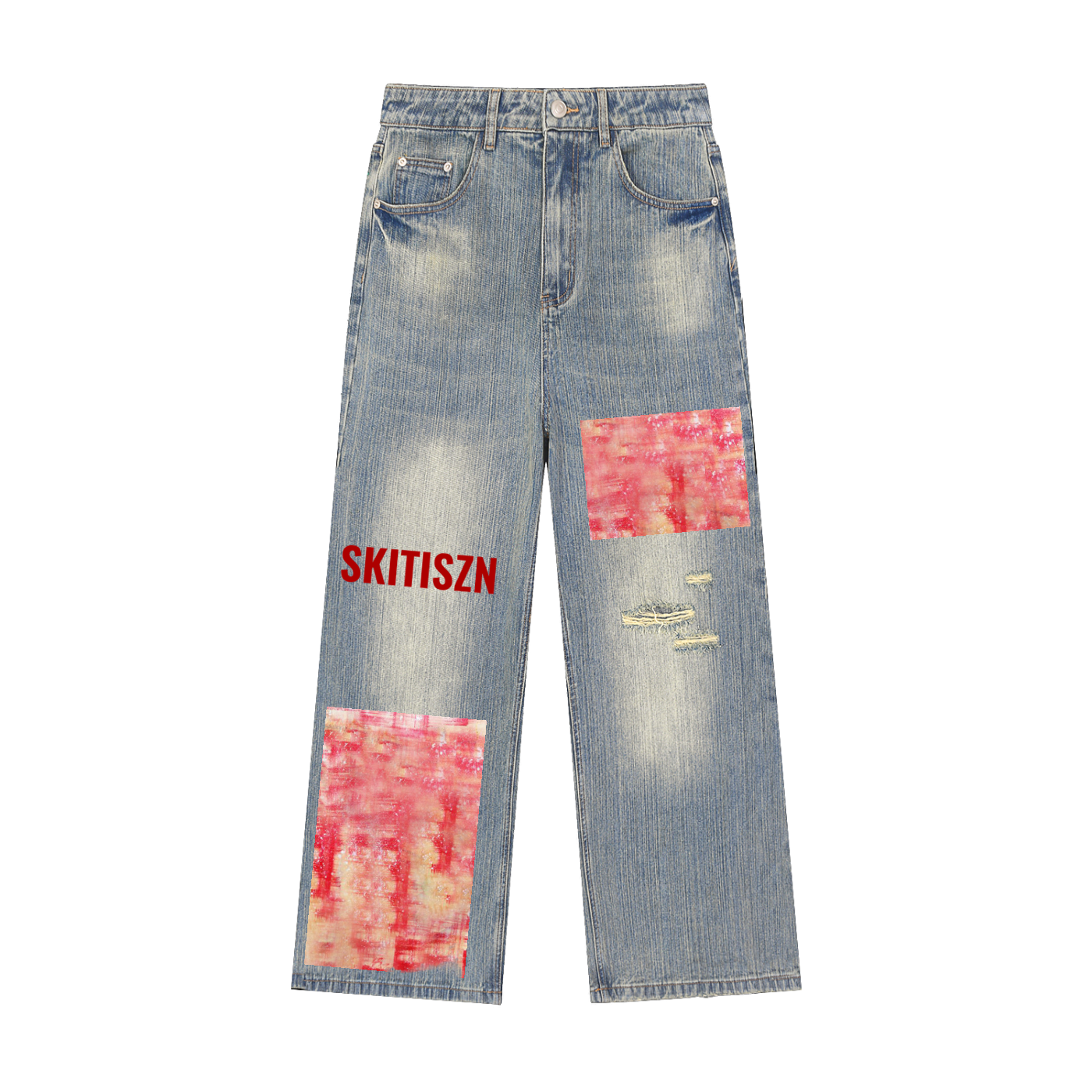 Skitiszn Red Wash Distressed Denim Jeans